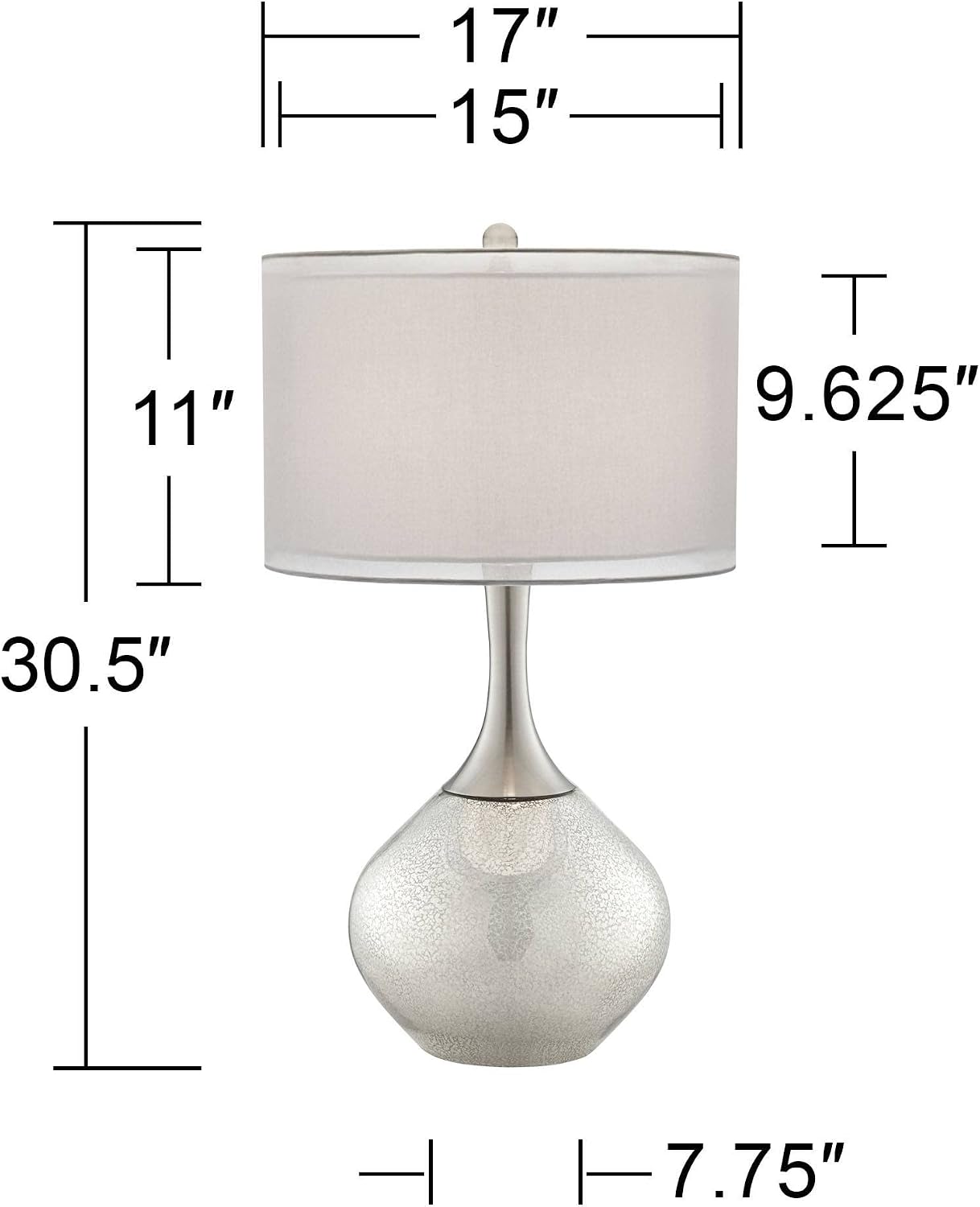 Possini Euro Design Swift Mid Century Modern Table Lamps 30.5' Tall Set of 2 Mercury Glass Chrome Double Sheer Drum Shade Decor Living Room Bedroom House Bedside Nightstand Home Office Entryway