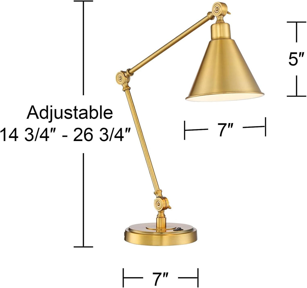360 Lighting Wray 26 3/4' High Modern Desk Lamp with USB Charging Ports A+C Warm Brass Gold Metal Adjustable Arm Head for Bedroom Living Room House Bedside Home Office Reading Family