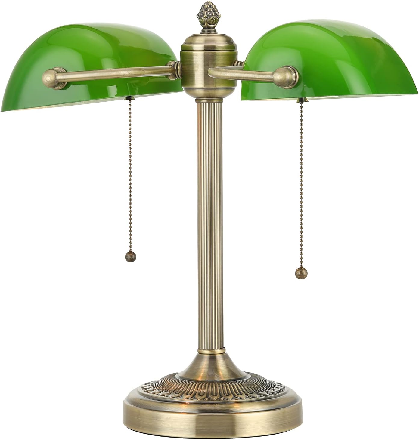 Green Double Head Glass Bankers Desk Lamp with Pull Chain Switch Plug in Fixture for Library, Office, Cafe
