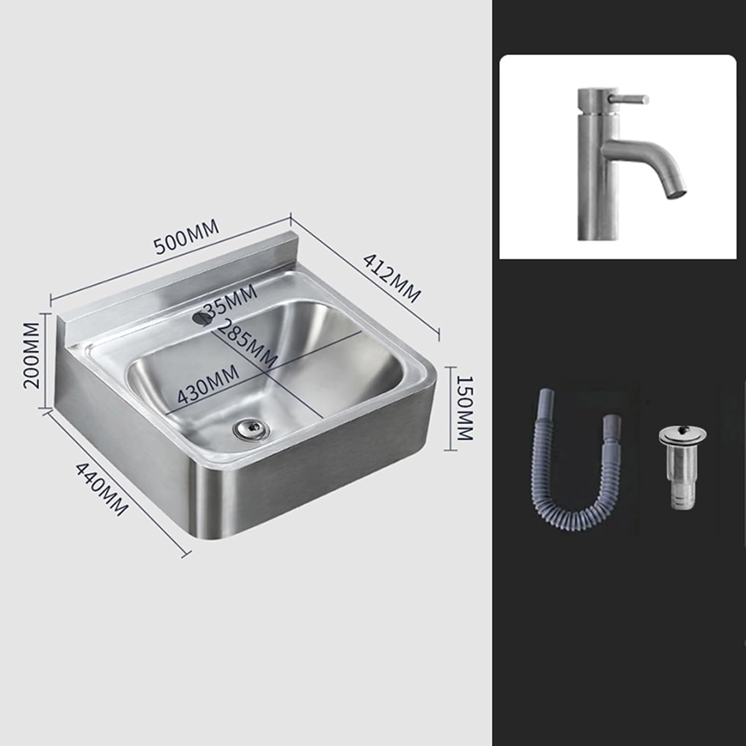 Commercial Sink Hand Washing Basin, Mini Stainless Steel Wall Mounted Sinks, with Drainer Unit and Tap, Utility Sink Single Bowl Sink for Restaurant, Kitchen and HOM,Single Cold Water Faucet