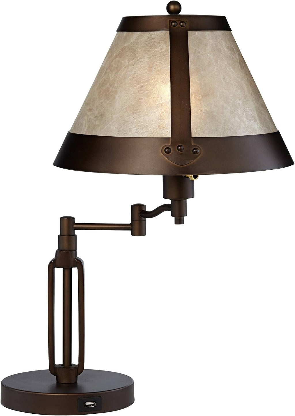 Franklin Iron Works Samuel Rustic Industrial Desk Table Lamps with USB Charging Port 21 1/4' High Set of 2 Bronze Swing Arm Mica Shade for Bedroom Living Nightstand Bedside Office Kids Room House