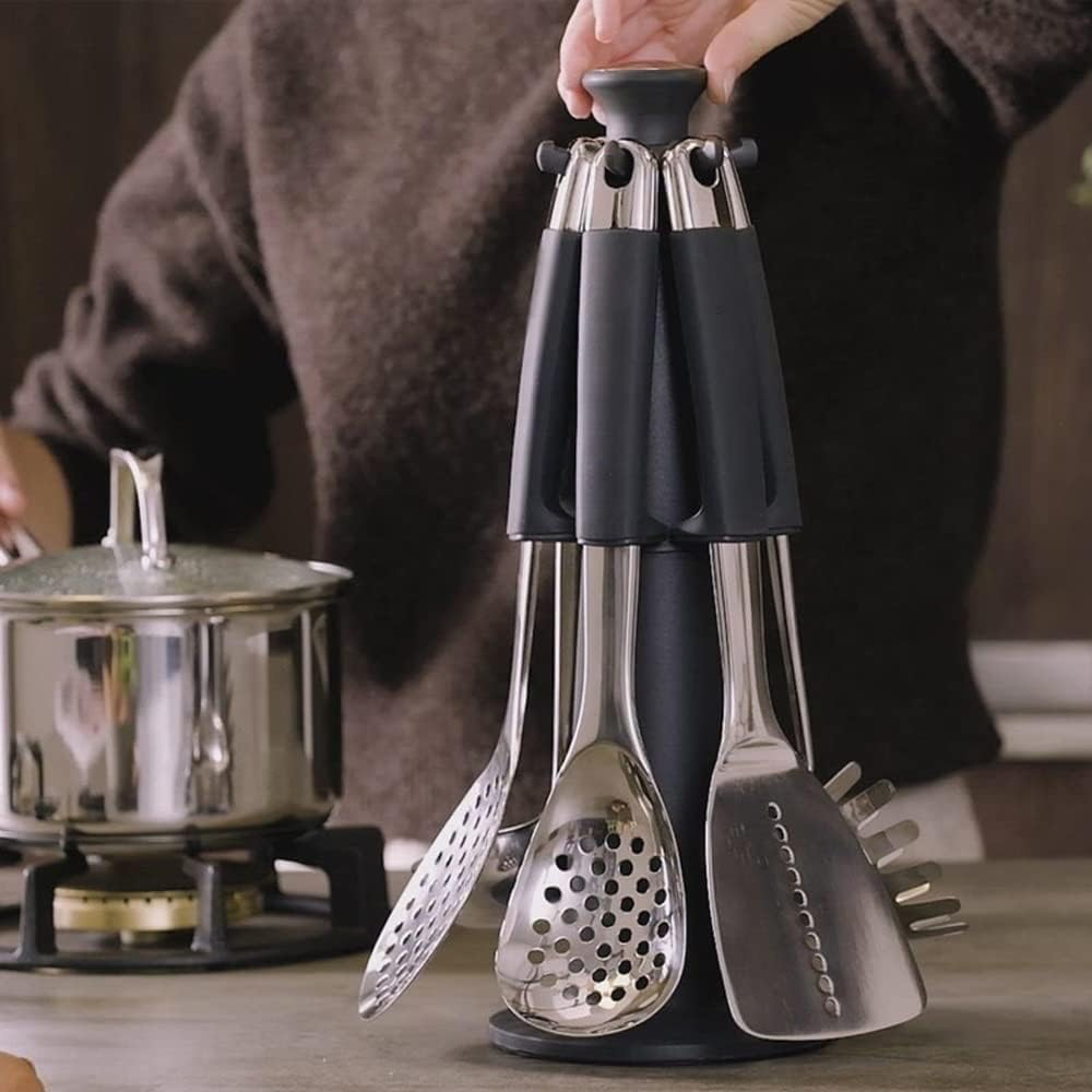 Kitchen Utensils Set, 6 PCS Stainless Steel Kitchen Utensils Set with 360° Rotating Stand, 520°F Heat Resistant Cooking Gadgets