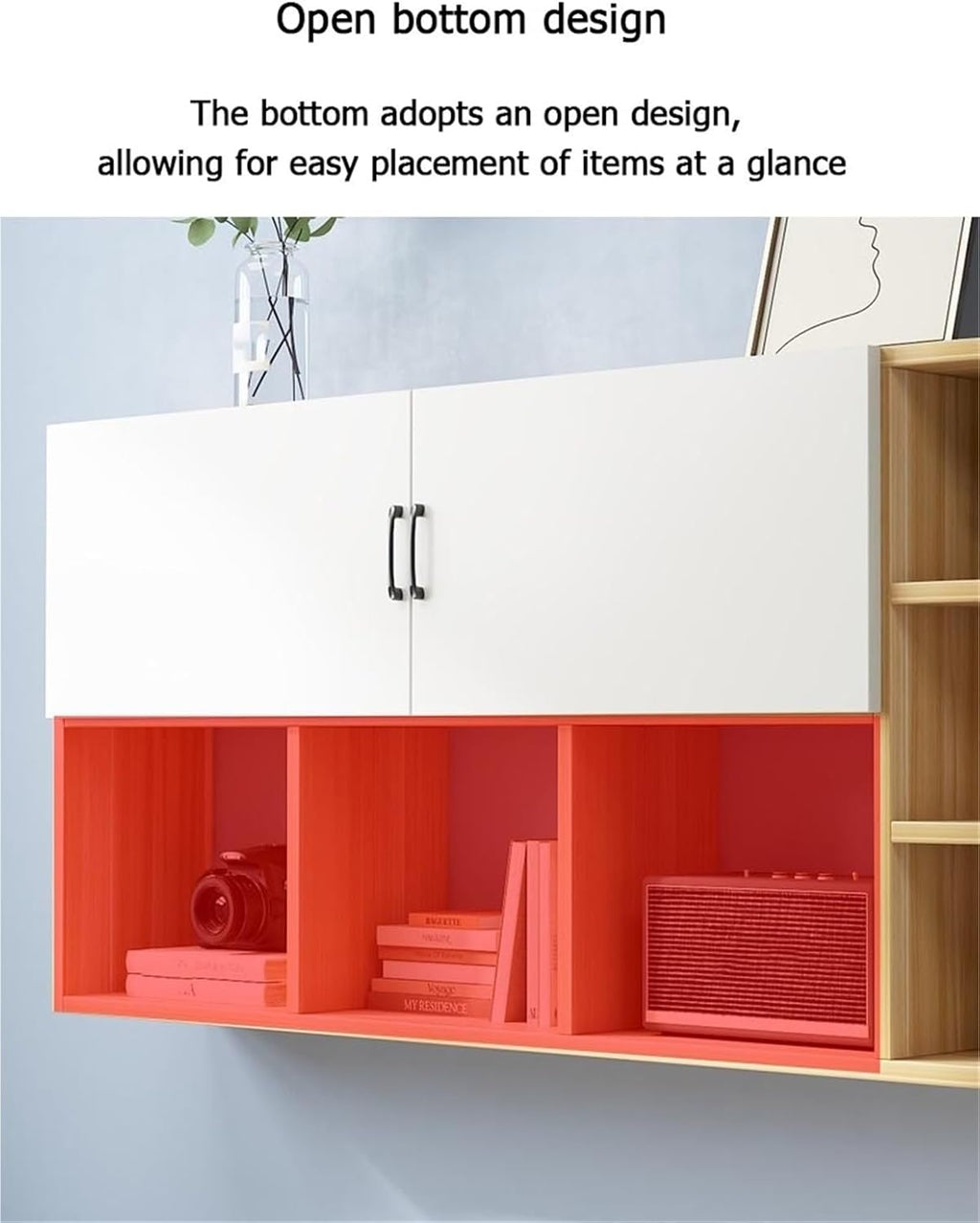 Wall Mounted Storage Cabinet with 2 Doors Floating Hanging Bookshelf with Open Shelves Simple Solid Wood Multi-Layer Racks for Home Office Living Room(Natural,120 cm)