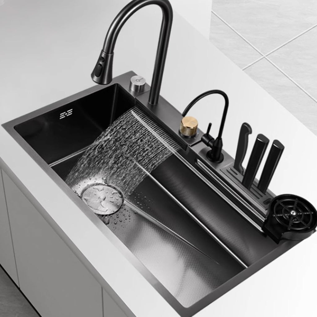 Single Bowl Sink,Stainless Steel Sink,Waterfall Faucet Black Sink with Knife Holder for Restaurant Home Bar Hotel (One Color-68x46x22cm