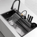 Single Bowl Sink,Stainless Steel Sink,Waterfall Faucet Black Sink with Knife Holder for Restaurant Home Bar Hotel (One Color-68x46x22cm
