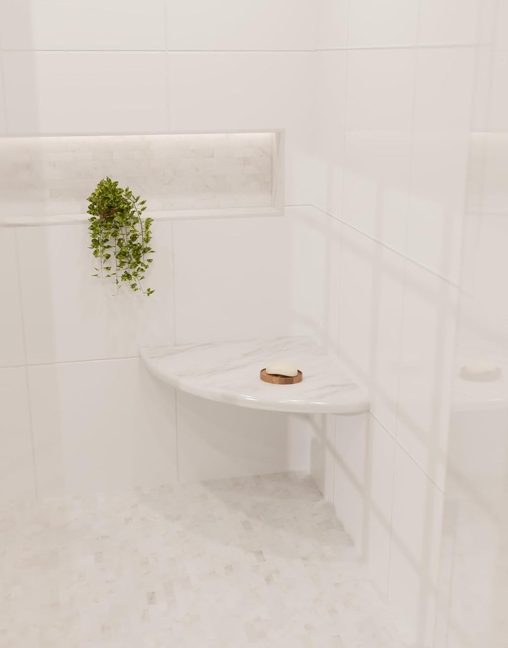 18 Inch Italian White Carrara Marble Corner Shower Seat Bathroom Caddy, Wall Mounted Shower Shelf, Classic Flatback Design