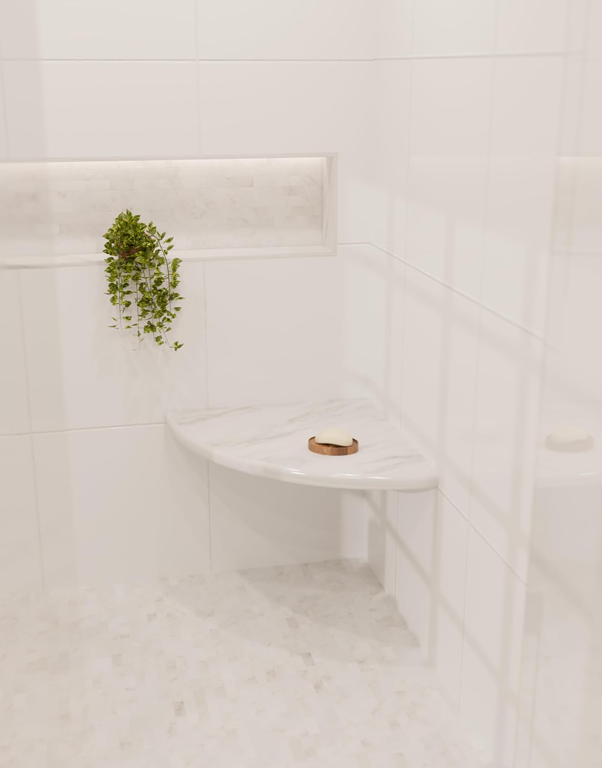 18 Inch Italian White Carrara Marble Corner Shower Seat Bathroom Caddy, Wall Mounted Shower Shelf, Classic Flatback Design