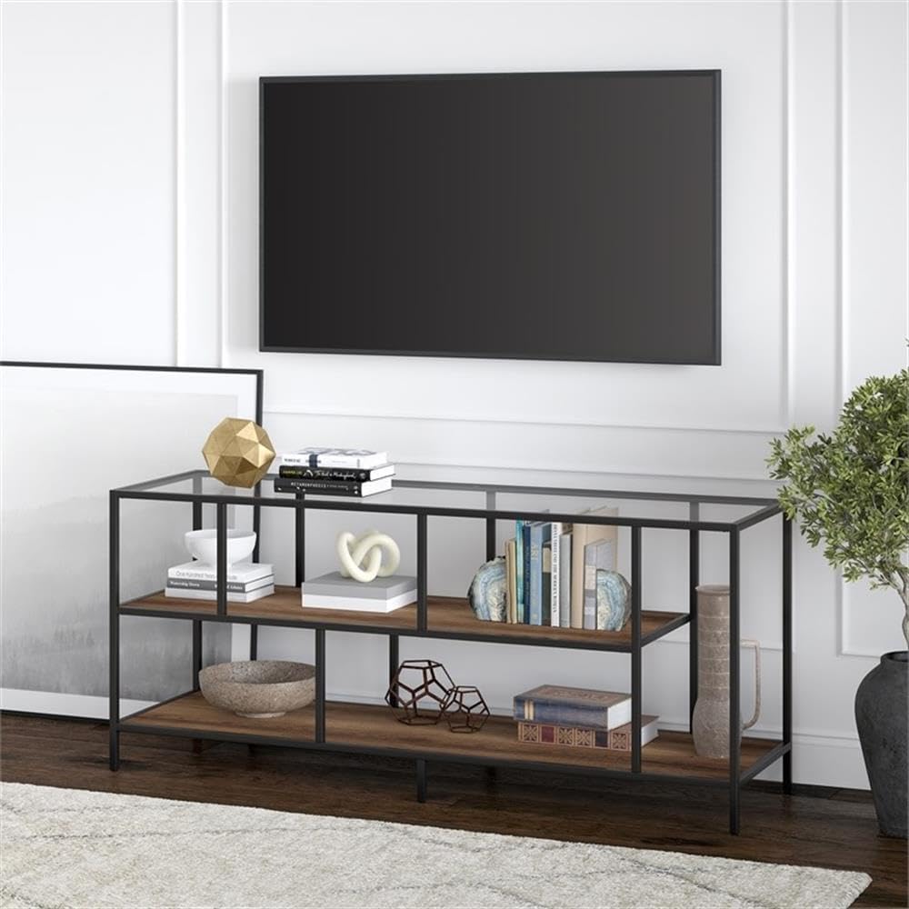 Henn&Hart Rectangular TV Stand with MDF Shelves for TV's up to 60' in Blackened Bronze/Rustic Oak, TV Stands for the Living Room