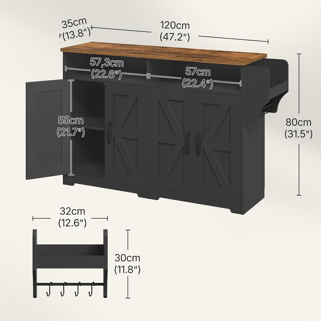 YATINEY Coffee Bar Cabinet, Kitchen Island with Storage, Farmhouse Sideboard Buffet Cabinet with Dual-Purpose Floating Shelf and Hooks, for Restaurant, Living Room, Rustic Brown KF32BR