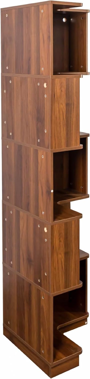 5-Tier Corner Bookshelf, L-Shaped Wood Corner Shelf with LED Lights and Baffle, Farmehouse Bookcase for Home Office Living Room Apartment, Walnut