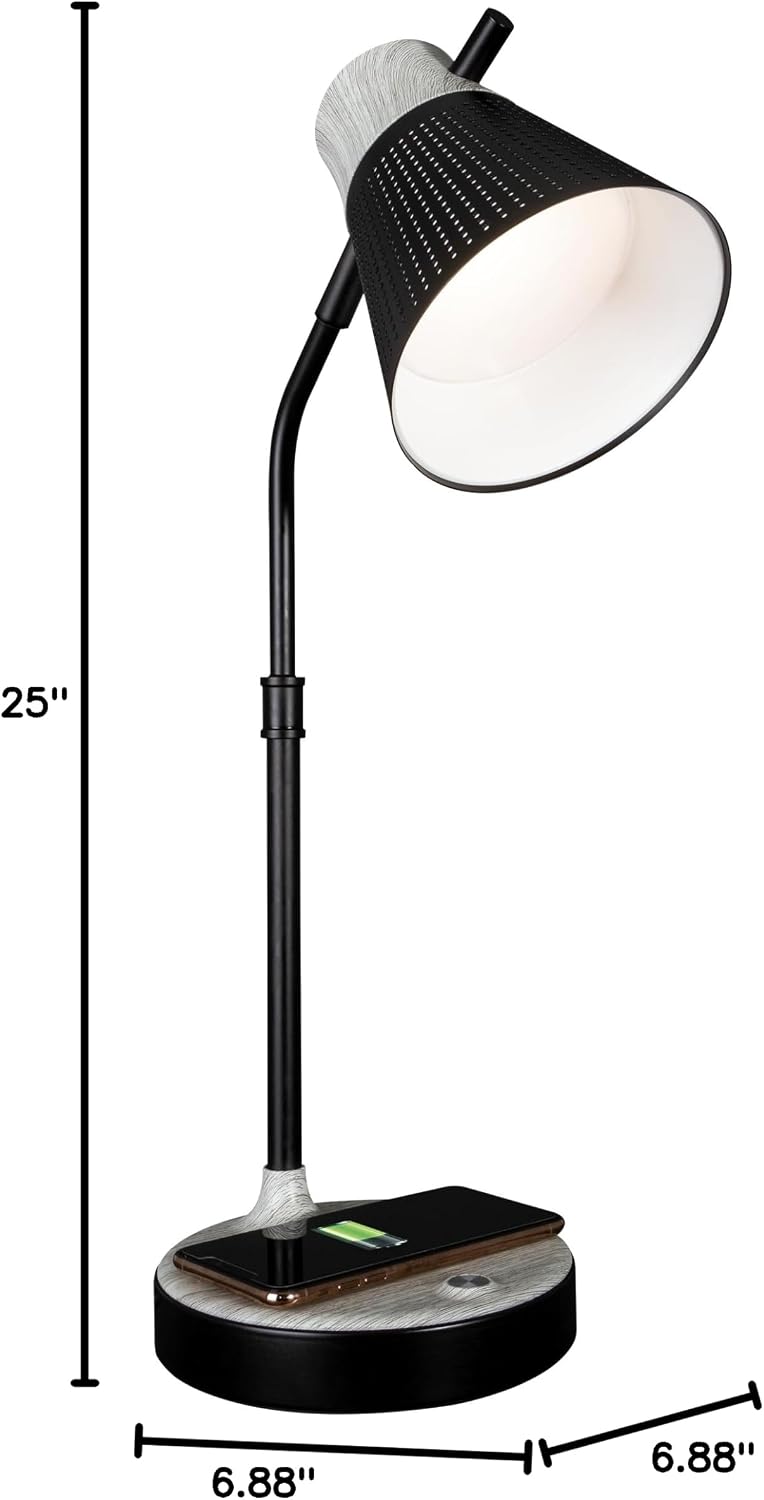 OttLite Wellness Series Wireless Charging LED Table Lamp, Black with Grey Woodgrain Accents,Touch Activated Controls, Flexible Neck, ClearSun LED Light, for Work, Study, Reading…