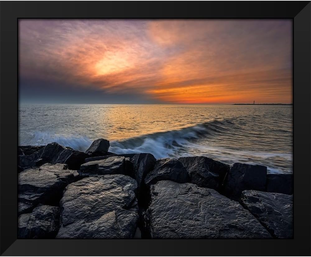 ArtDirect New Jersey-Cape May National Seashore Sunset on ocean and rocks 45x36 Huge Black Modern Wood Framed Canvas Giclee Art by Jaynes Gallery