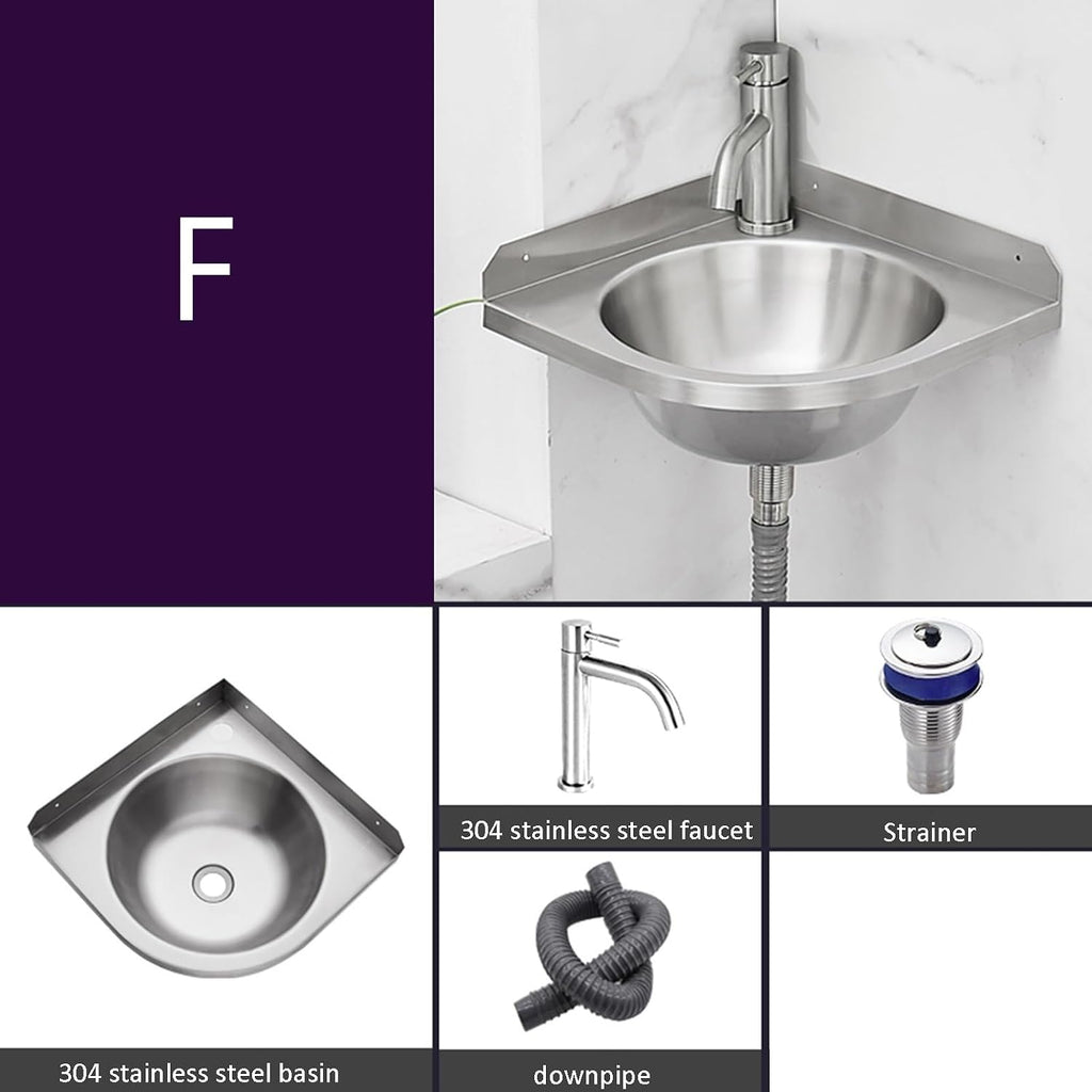 Stainless Steel Single Bowl Sink with Faucet, 3.9IN Deep Wall-Mounted WashBasin, Space-Saving, Easy to Clean,Small Sink Corner for Kitchen Bathroom (Color : Silver, Size : E) (Silver F)