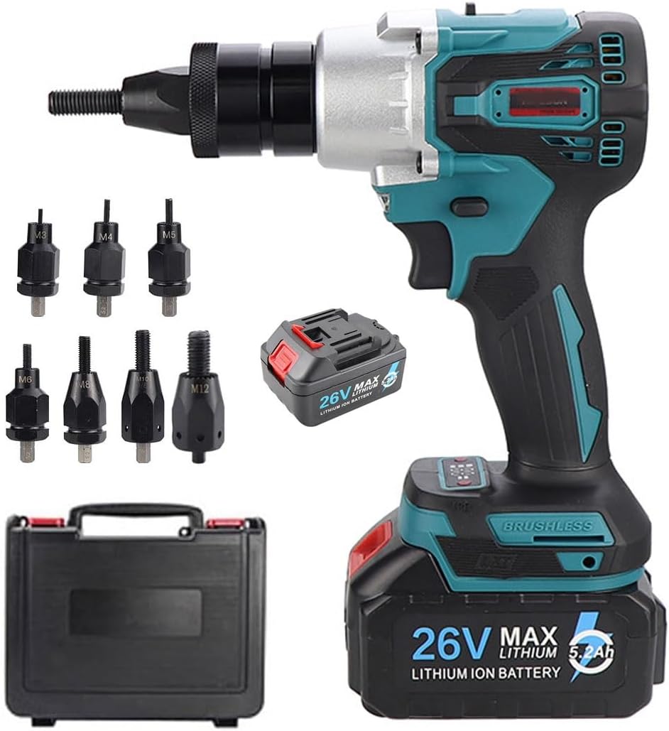 26V Portable Battery Powered Riveter, 2-in-1 Cordless Rivet Nut Gun Set, Battery Powered Pop Rivet Insert Installation Tool, Electric Rivet Nut Gun for M3 M4 M5 M6 M8 M10 M12(2200mAh,2Battery)