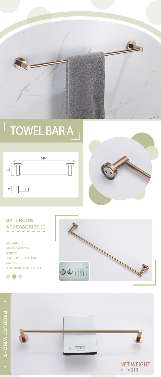 Rose Gold Bathroom Accessories 304 Stainless Steel Towel Rack Toilet Roll Paper Tissue Holder Double Cup Towel Bar Hooks,4 pcs Set