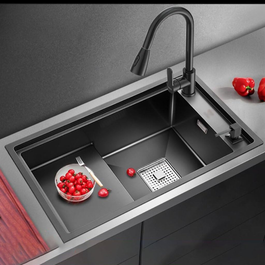 Kitchen Sinks, Single Bowl High and Low Stepped Single Bowl Sink Kitchen Stainless Steel Sink Home Countertop Basin Balcony Pool (