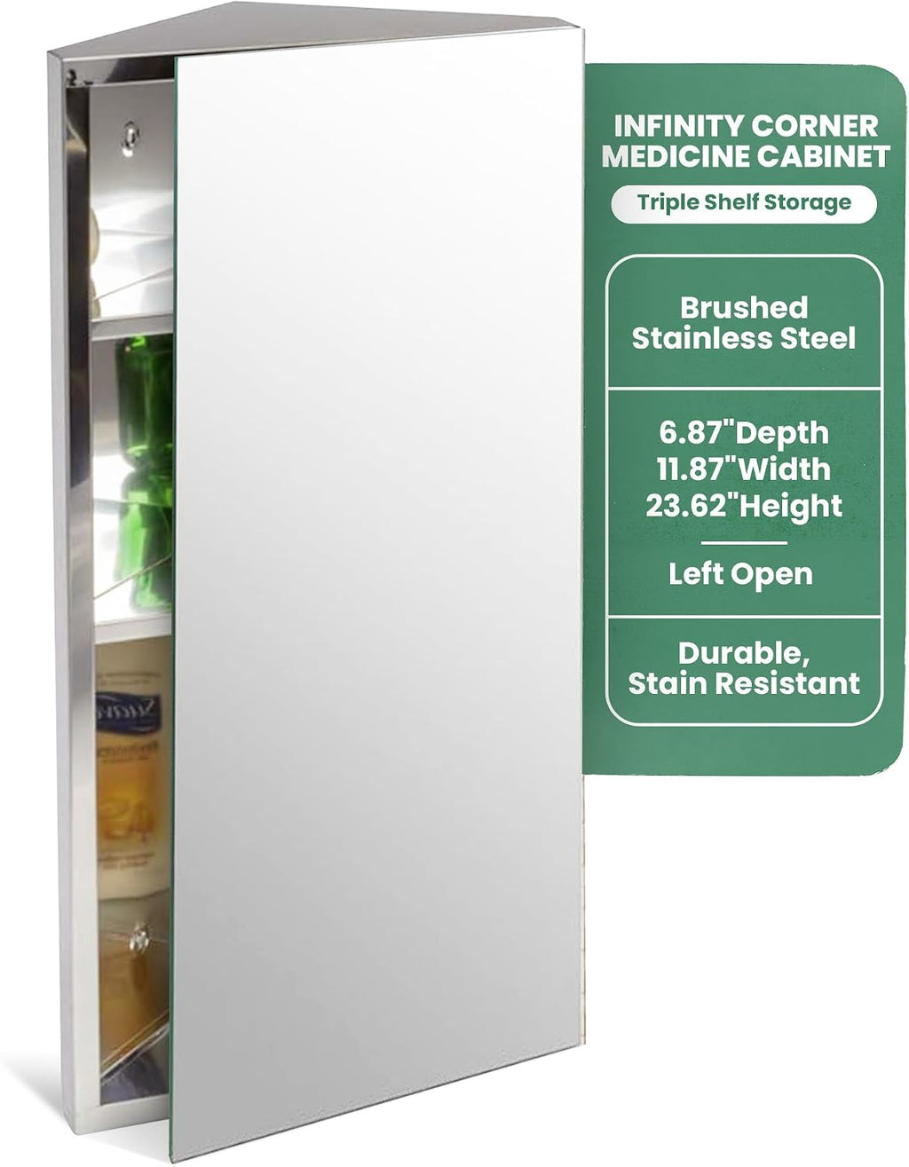Renovator's Supply Corner Medicine Cabinet Stainless Steel Mirrored Door Polished Triple Shelf Wall Mount Rustproof,Silver