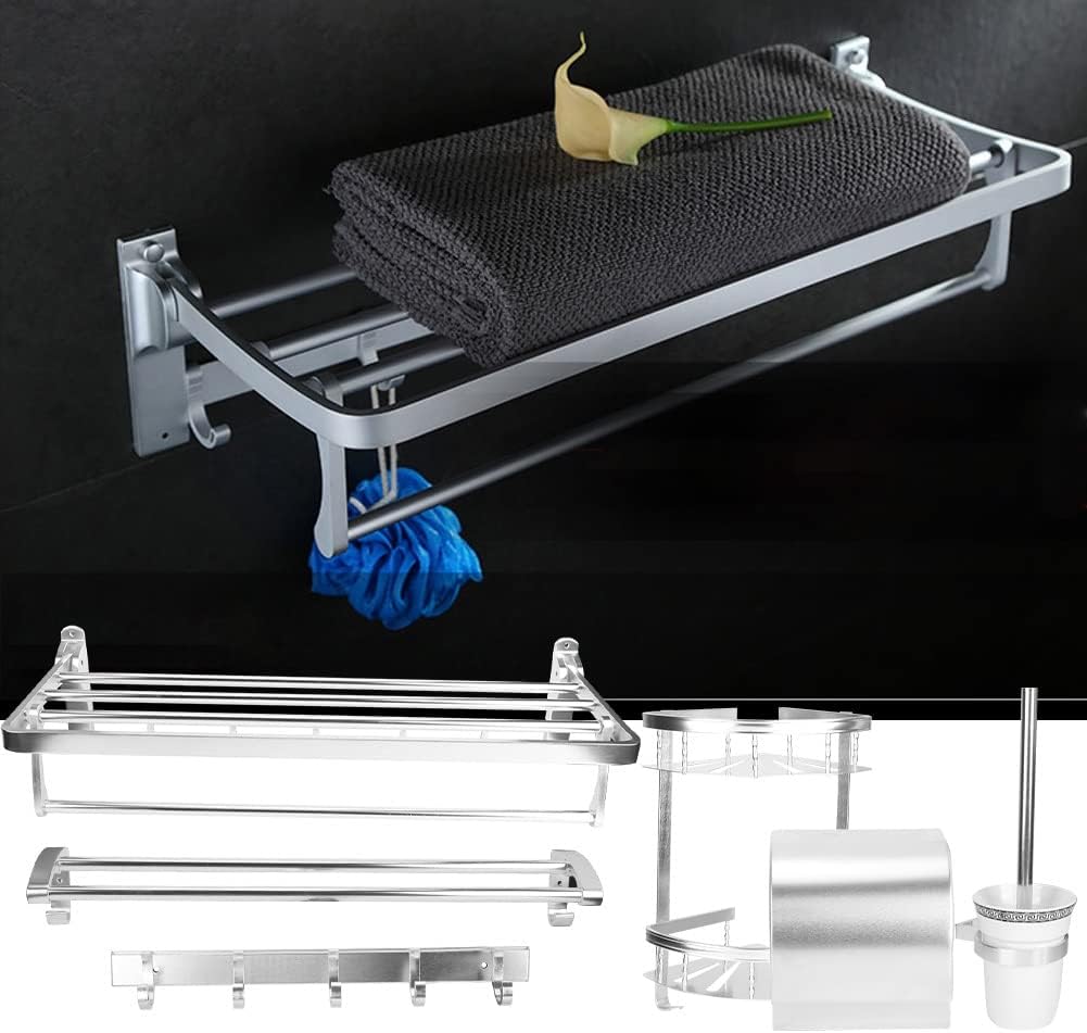 Floating Shelves Shower Caddy Bathroom Shelf Wall Mounted Bathroom Storage Shelf Set Triangle Corner Bracket Towel Bar Rack Roller Paper Holder Tissue Box Toilet Brush