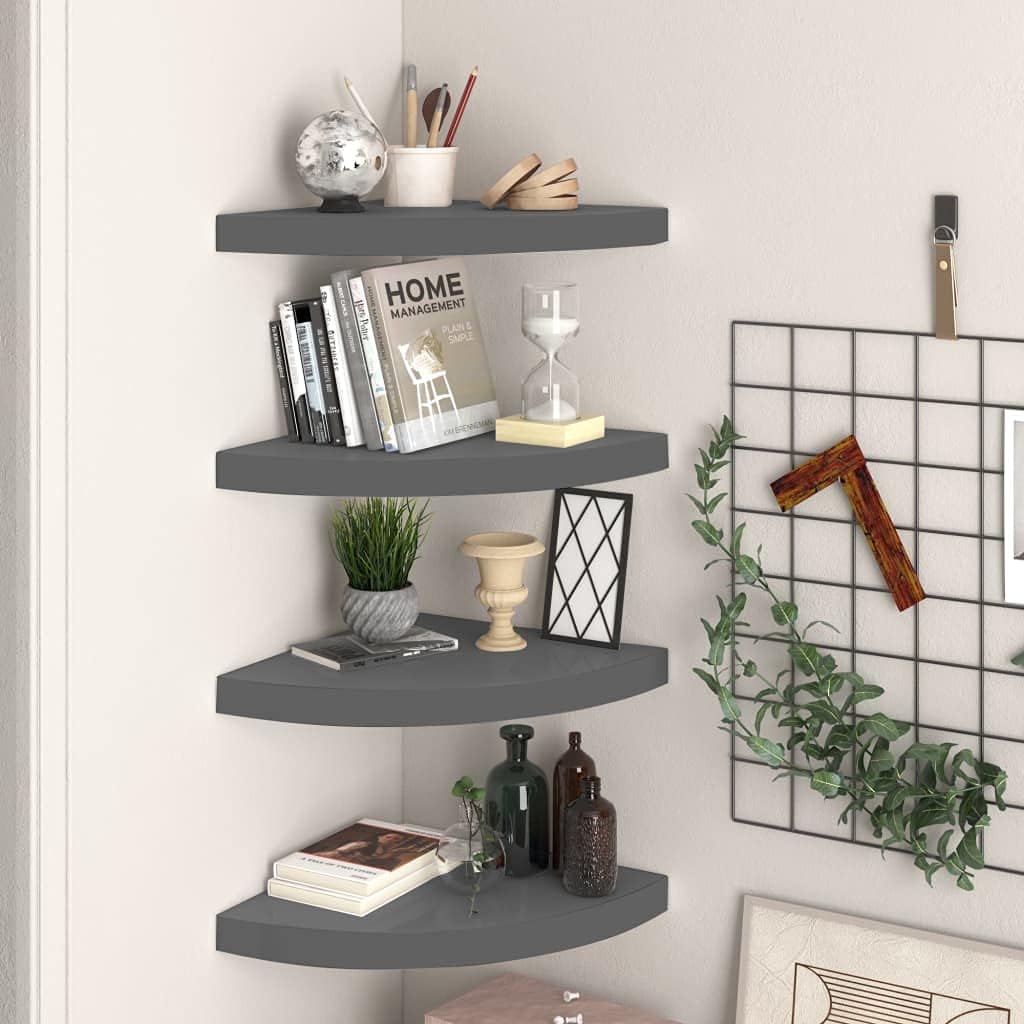 4pcs Floating Corner Shelves, Wall Mounted Corner Storage Display Shelving for Bathroom, Bedroom, Living Room, Kitchen, High Gloss Gray 13.8'x13.8'x1.5' MDF -AA