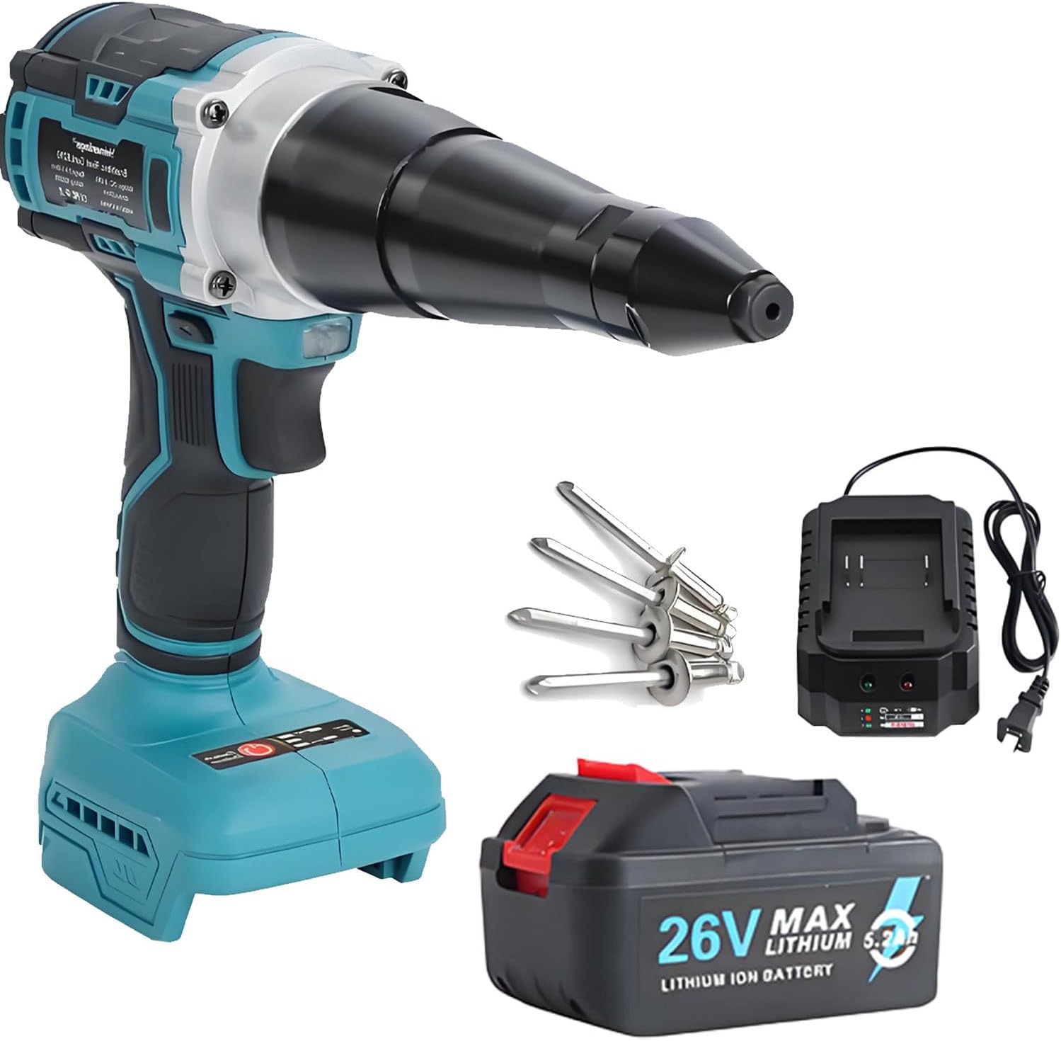 26V Cordless Electric Rivet Gun Brushless - Battery Powered Pop Rivet Tool Kit with Toolbox, 11000N Pulling Force, Fits 0.12-0.2in Rivets, Quiet Working for DIY, Mechanic completeset