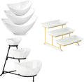 Gomakren Serving Bowls with Handles, 15/28/47 oz and 3 Tiered Oval Serving Bowl With Collapsible Metal Rack and 3 Tier Serving Trays Stand 14 Inches White Platters