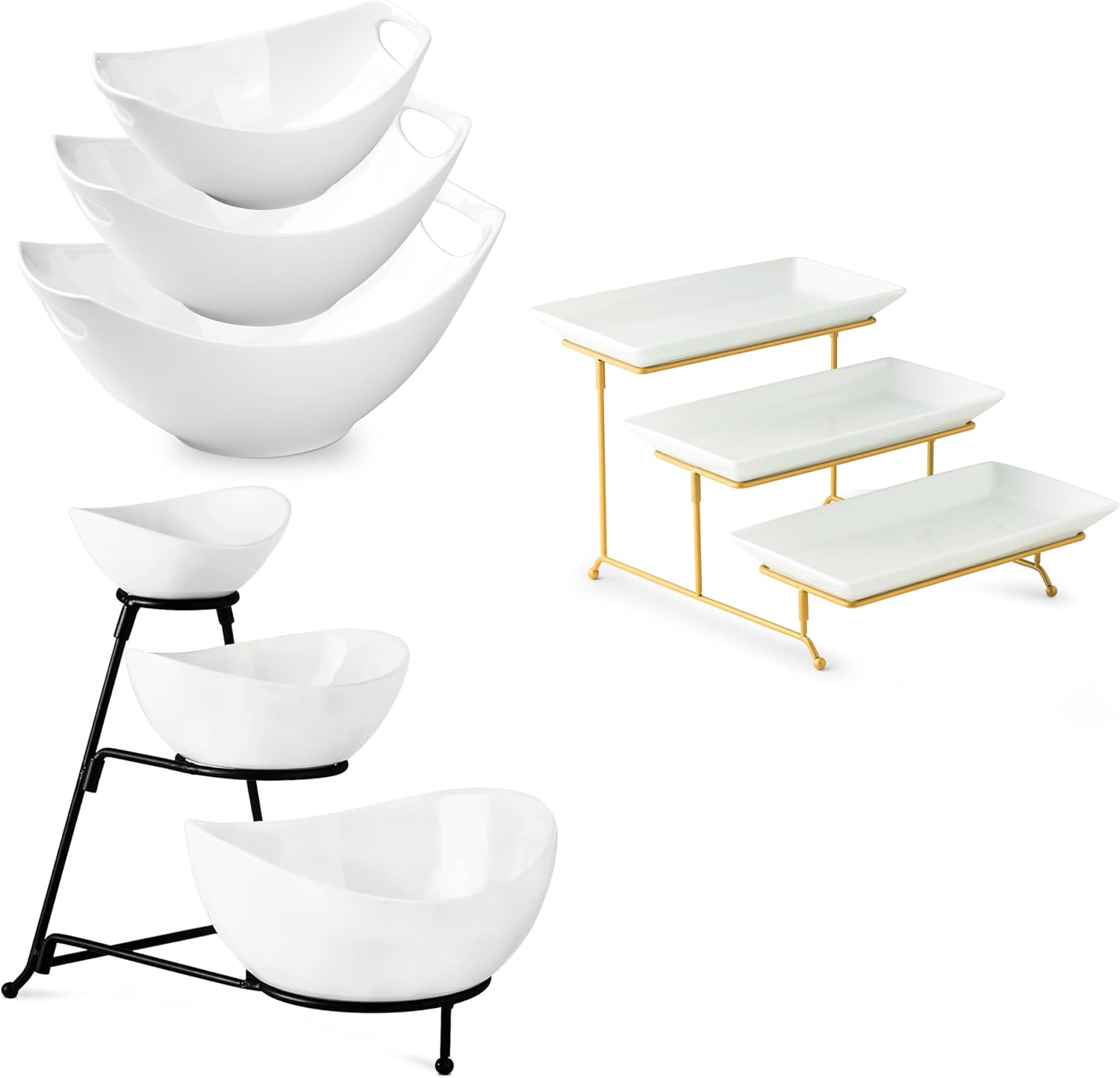 Gomakren Serving Bowls with Handles, 15/28/47 oz and 3 Tiered Oval Serving Bowl With Collapsible Metal Rack and 3 Tier Serving Trays Stand 14 Inches White Platters