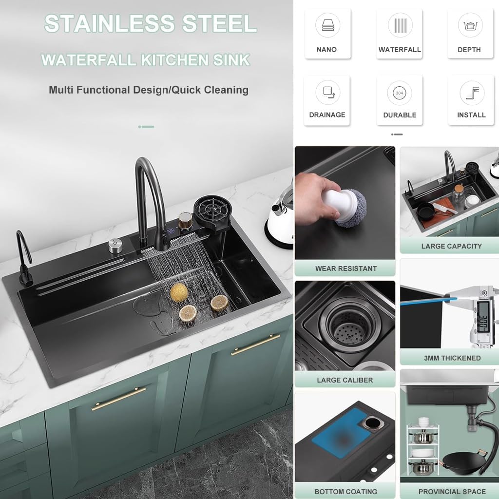 Kitchen Waterfall Sink Stainless Steel Single-Bowl Bar Prep Sink Nano-Coated Workstation Sink with Waterfall Pull-Down Faucet and Complete Accessory Set (Color : Black, Size : 80x45x21cm) (Black