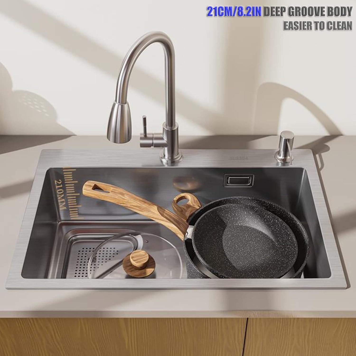Silver Single Bowl Bar Prep Sink 304 Stainless Steel Kitchen Sink RV Sink with Drain Pipe and Installation Kit Drop in Or Undermount (Color : A-Have Faucet, Size : 68x45x21cm) (Ahave Faucet 55x45