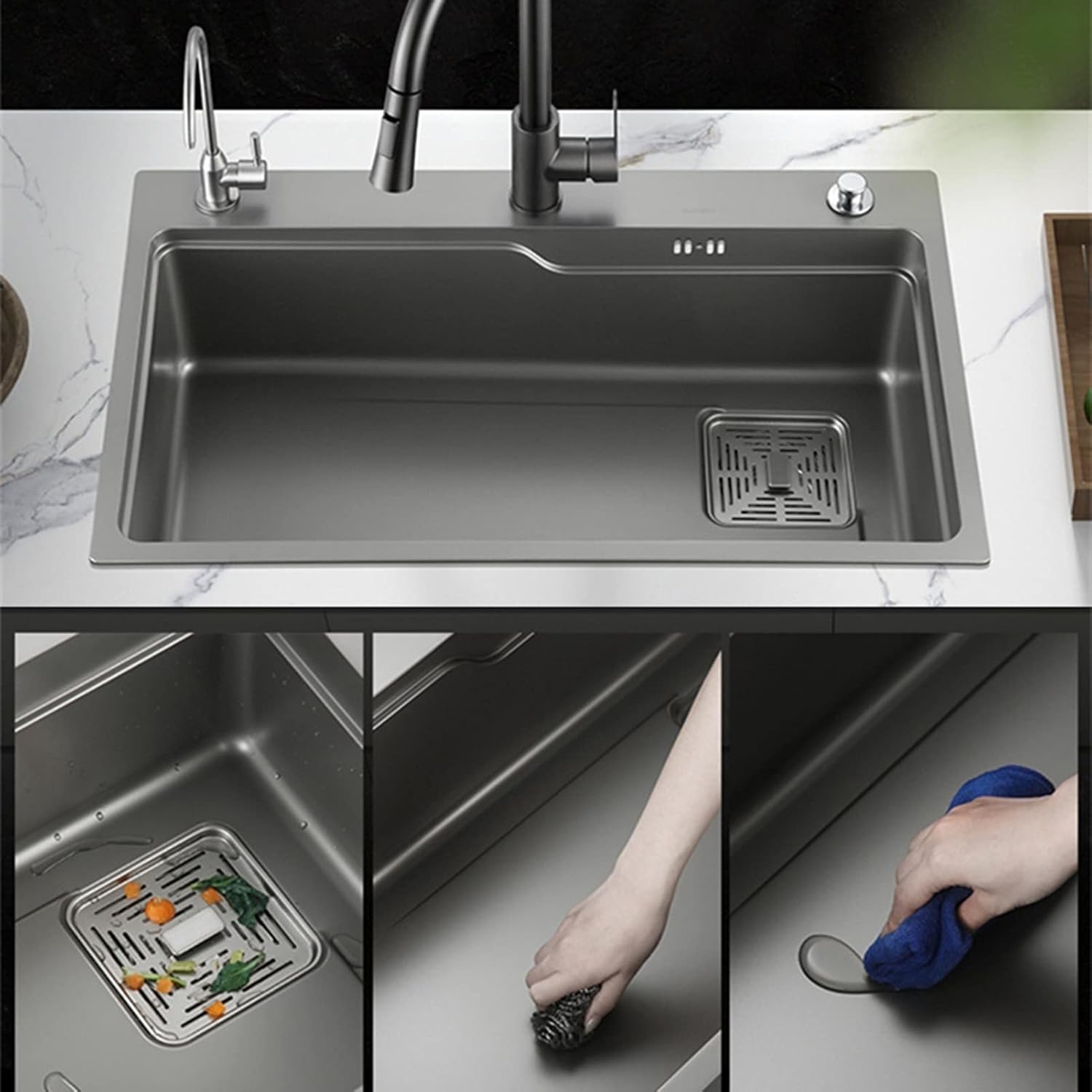 JATIBOSH Kitchen Sink Single Bowl Sink Stainless Steel Workstation with Pull-Out Faucet Dark Grey Kitchen Sink (Size : 68x45CM)