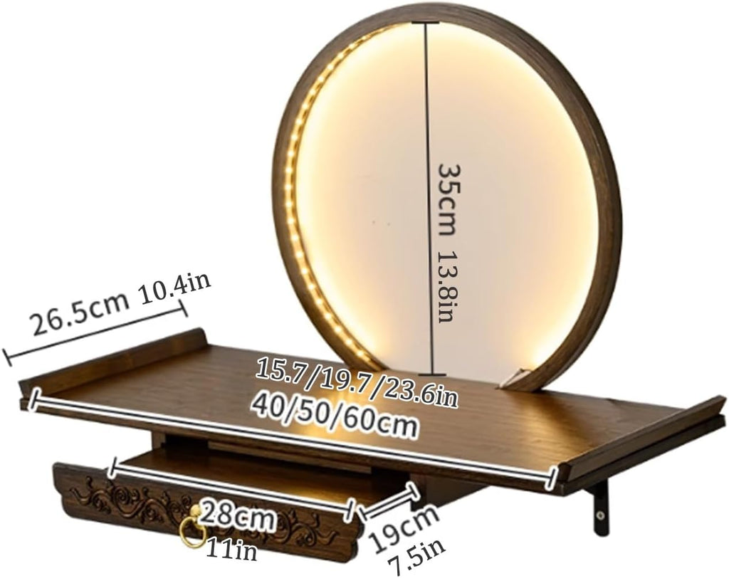 Wall-Mounted Buddha Statue Stand with LED Light Household Small Buddhist Shrine Altar Table with Retractable Pull Plate Bamboo Prayer Offering Table Wall Altar Shelf for Incense Offerings.(Walnut,50X2