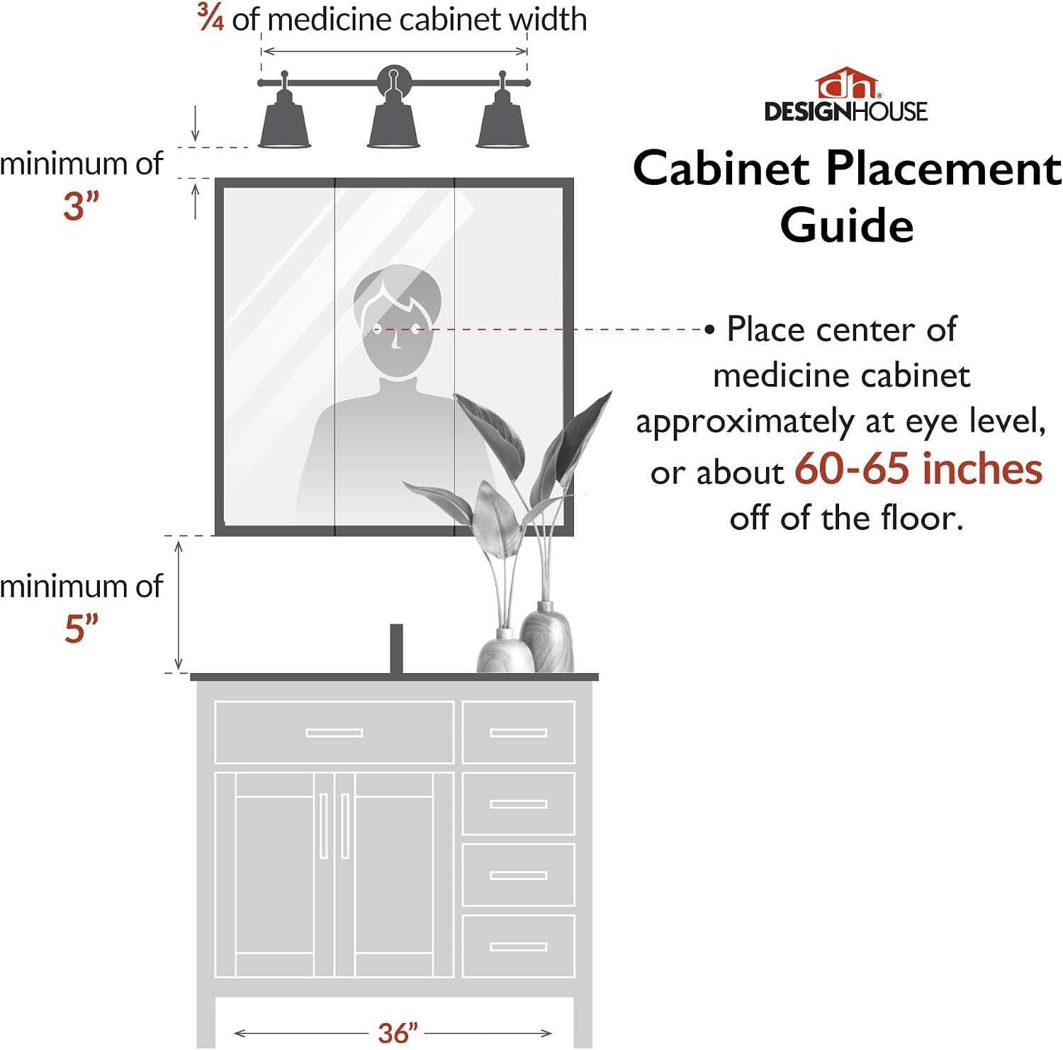 Design House Richland Medicine Cabinet with 4 Lights, Fully Assembled, Wall Mounted, 3 Mirrored Doors, Wood Frame, Oak Finish, 30 in x 5 in x 30 in, 530600-NOK