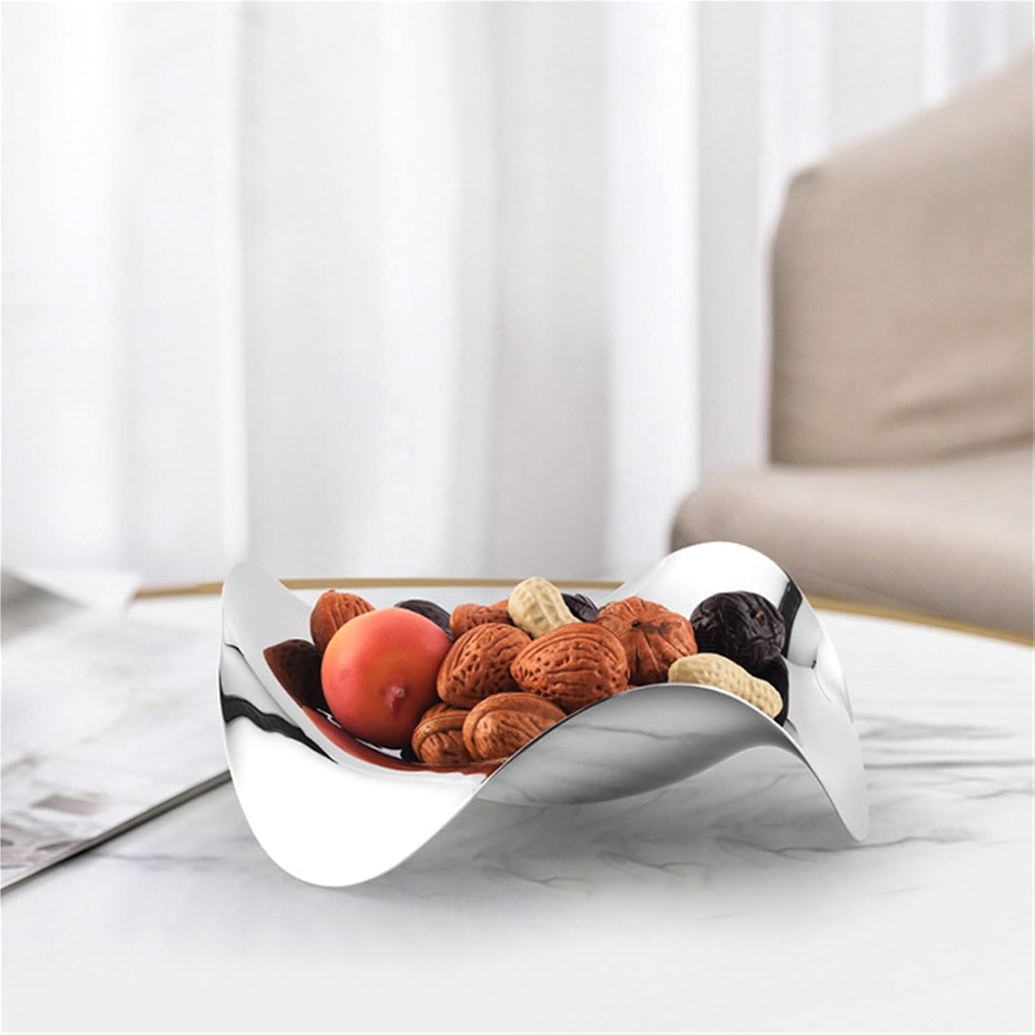 Wave Decoration Bowl Tray, Silver Stainless Steel Candy Dish - Creative Fruit Dessert Plate, Modern Home Table Decoration(Large)
