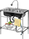 Free Standing Movable Commercial Sink with Faucet and Drainage Kit, Stainless Steel Kitchen Double Bowl Sink for Outdoor Indoor Garage Laundry Utility Room Basement