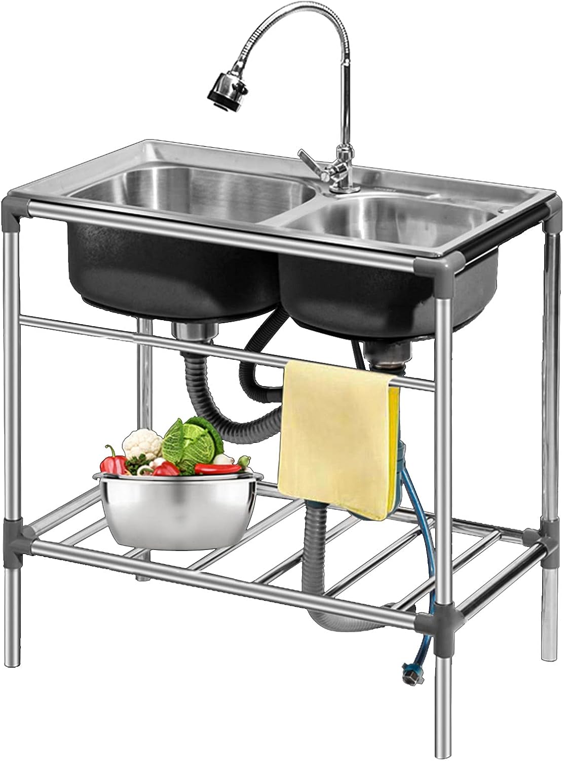 Free Standing Movable Commercial Sink with Faucet and Drainage Kit, Stainless Steel Kitchen Double Bowl Sink for Outdoor Indoor Garage Laundry Utility Room Basement