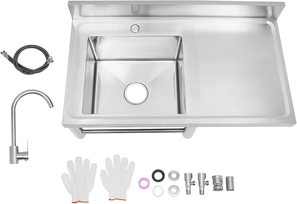 Stainless Steel Sink Single Bowl Commercial Utility Sink Free Standing Kitchen Sinks with Cold and Hot Water Faucets for Kitchens, Garage, Laundry Room (35.4' W x 21.2' D x 39.3' H)