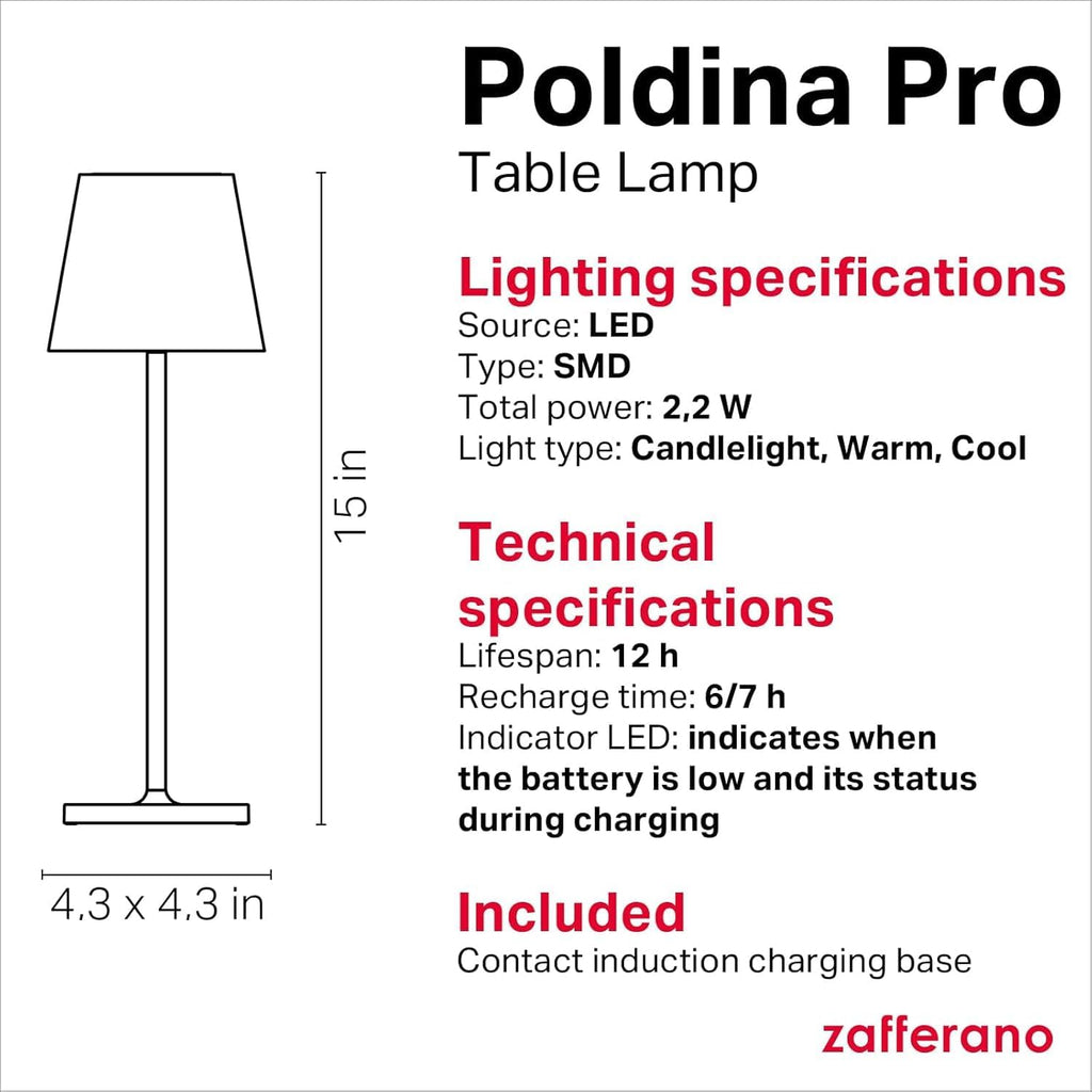 Zafferano, Poldina Pro Lamp, Rechargeable Cordless Table Lamp with Touch Controls, Suitable for Indoor and Outdoor, Dimmer, 2200-3000 K, Height 14.9 Inches, Orange Color