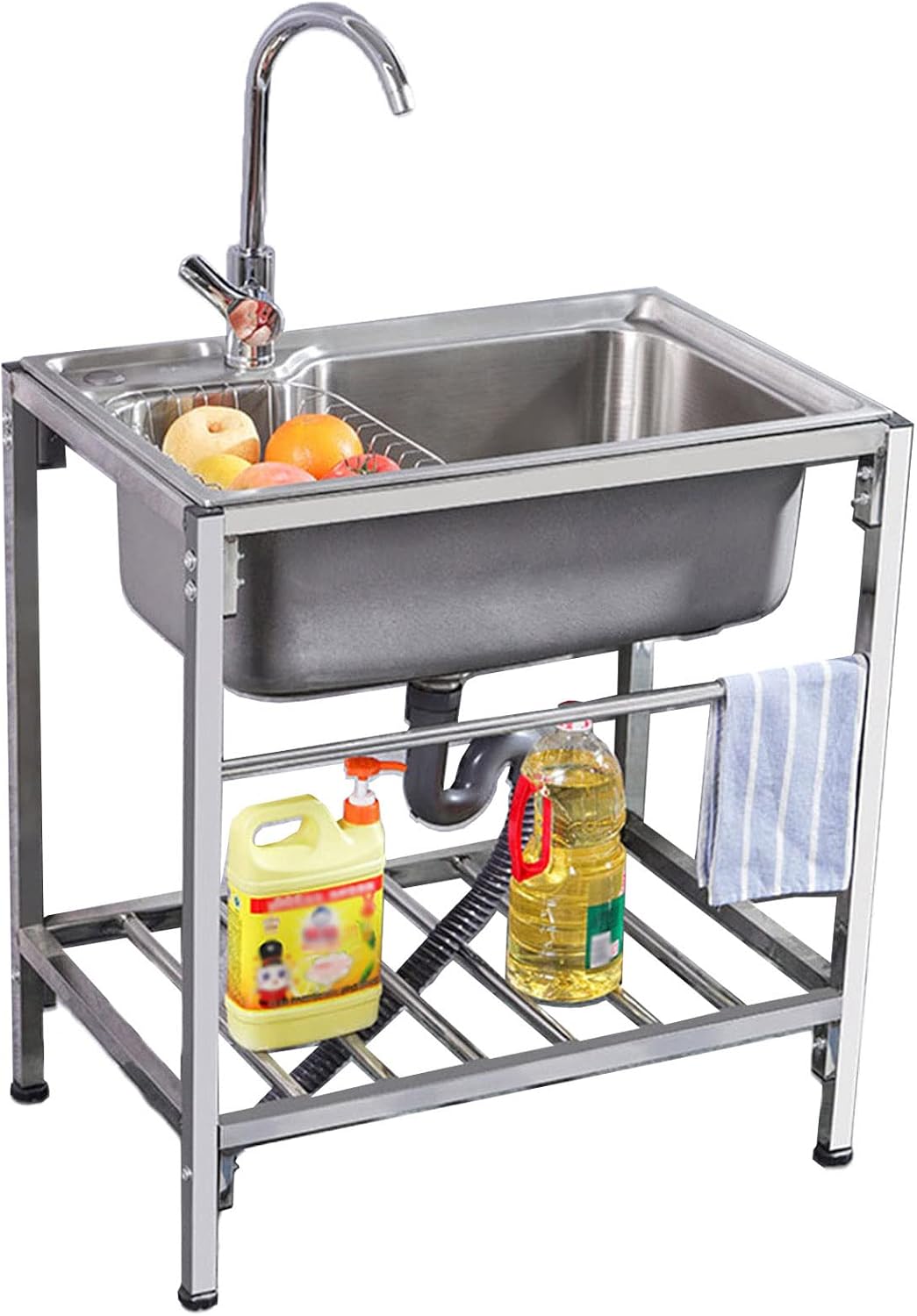 Stainless Steel Utility Sink Commercial Kitchen Sink with Swivel Faucet and Storage Shelves, Free Standing Deep Oversized Single Bowl Sink for Laundry, Garage, Indoor Outdoor