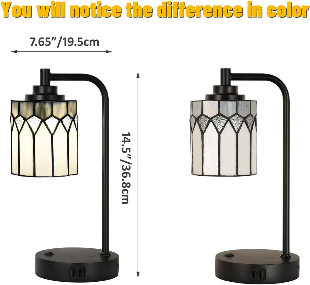 TL0019 Tiffany Table Lamp with 2 USB Charging Ports, Desk Lamp with Geometric Stained Glass Lamp Shade, Retro Nightstand H 14.5' for Bedrooms Office Study, LED Bulbs Included (Grey)