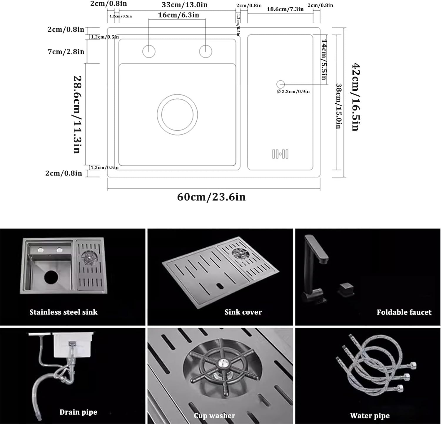 Black Hidden Sink with Lid Bar Sink with Cup Washer Kitchen Single Bowl Sink 304 Stainless Steel Sink Foldable Faucet (