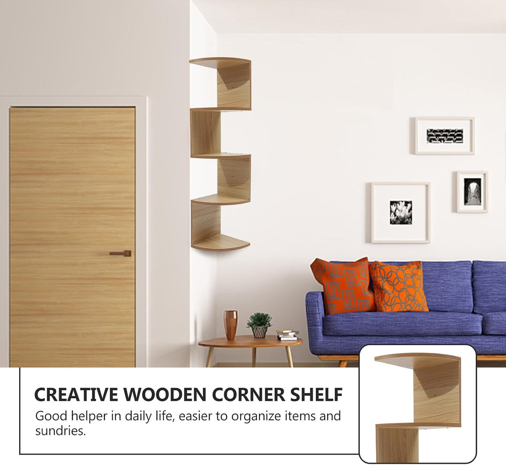 SUPVOX Creative Wooden 5-Tier Wall-Mounted Storage Shelf, Light Walnut Multi-Layer Floating Rack for Home Décor, Corner Household Organizer for Books, Plants, and Sundries