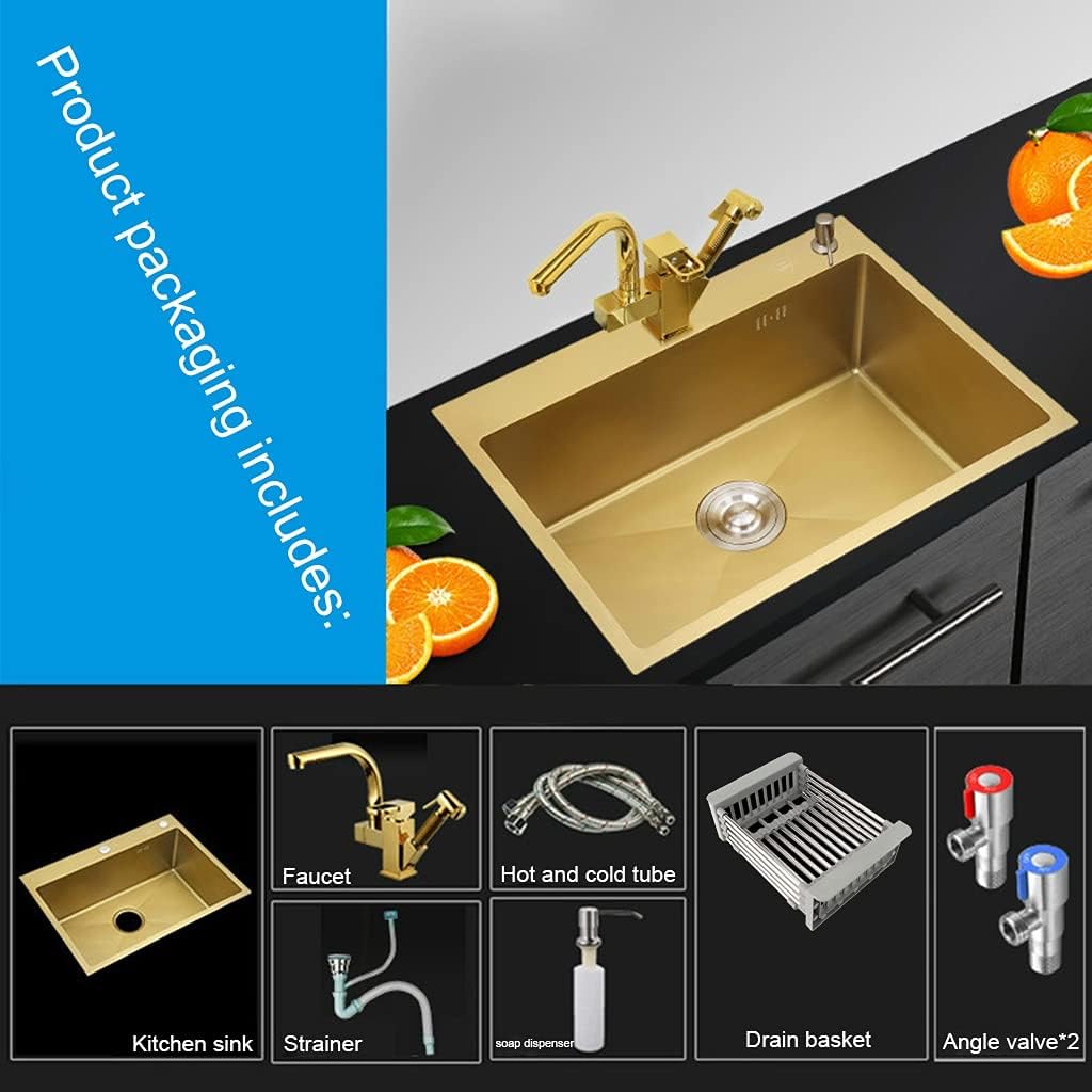 KITCHEN SINK Gold Single Bowl Sink Drop-in Or Undermount with Multi-functional Pull-Out Faucet and Installation Kit Suitable for Kitchen Or Bar (Color : Gold, Size : 45×40×21cm) (Gold 45×40×21cm)