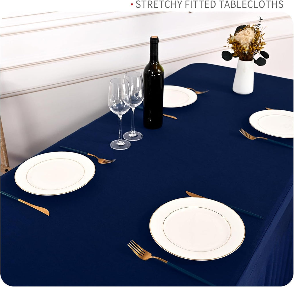 fani 6 Packs Navy Blue Stretch Table Skirts for 8 Foot Rectangle Table, Washable Spandex Stretch Tablecloths with Skirt, Wrinkle Resistant Fitted Tablecover for Wedding Party Banquet