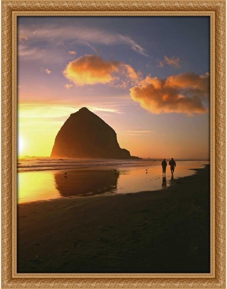 Terrill, Steve 19x24 Gold Ornate Framed Canvas Art Print Titled: OR, Cannon Beach Couple by Haystack Rock, sunset