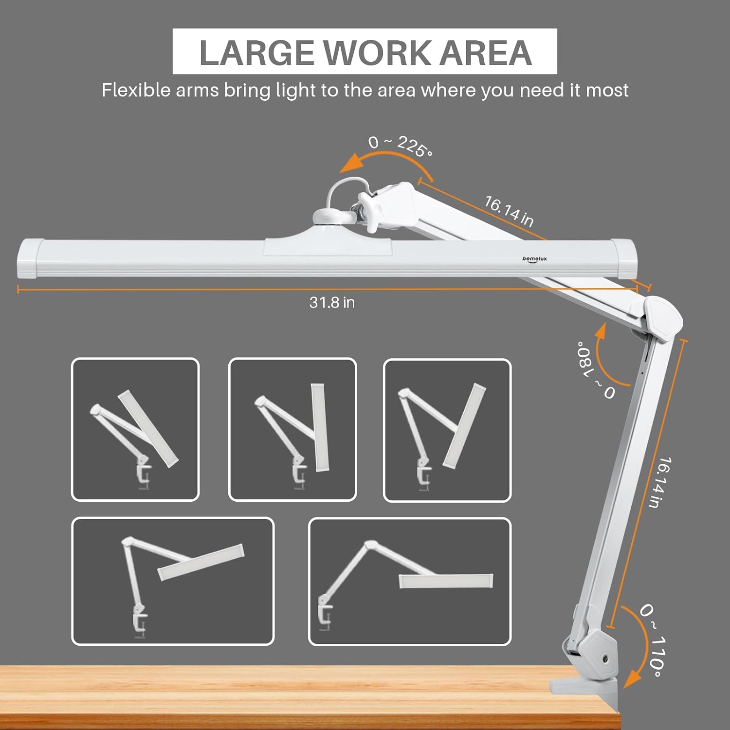 LED Architect Desk Lamp with Clamp, Metal Swing Arm 4500 Lumens Dimming Office Table Lamp for Task Work Drafting Reading Desktop, 342PCS Bright LEDs, 50W Workbench Lamp(White)