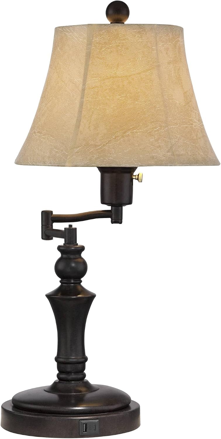 Regency Hill Corey 21.75' High Traditional Natural Cottage Swing Arm Hotel Style Desk Table Lamp with USB Ports A+C Charging Bronze Metal Faux Leather Bell Shade Living Room Bedroom House Bedside