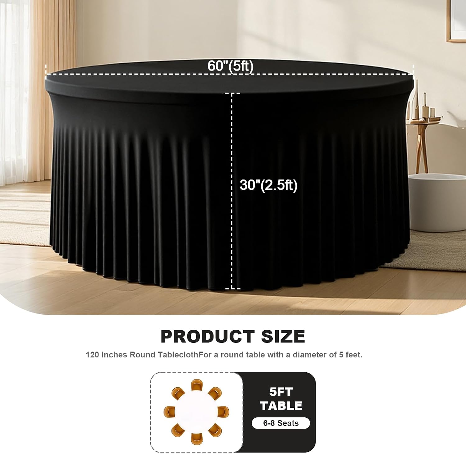12 Pack 60 Inch Black Round Tablecloth with Skirt, Fitted Table Cover for 5FT Tables, Wrinkle Resistant and Washable Table Cloth for Wedding Party Banquet Buffet Indoor Outdoor Events