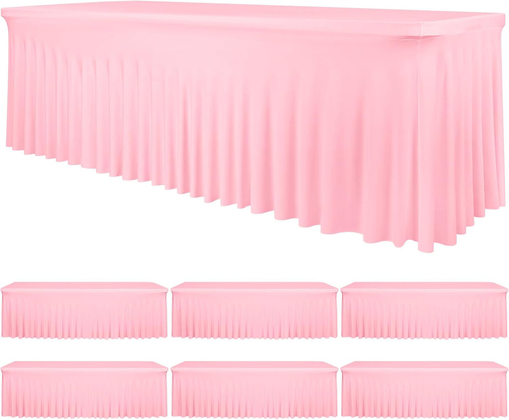 fani 6 Packs Pink Stretch Table Skirts for 8 Foot Rectangle Table, Washable Spandex Stretch Tablecloths with Skirt, Wrinkle Resistant Fitted Tablecover for Wedding Party Banquet