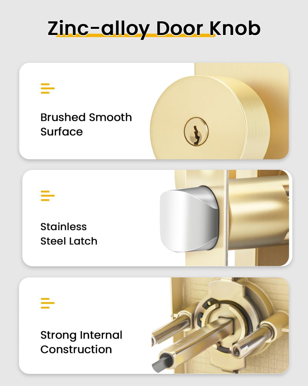 Goldenwarm Brushed Gold Exterior Door Knob with Deadbolt, Square Keyed Different Front Entry Lockset, Heavy Duty, 3 Pack