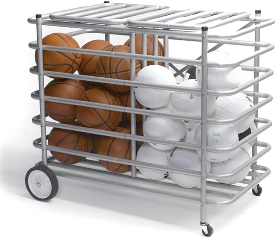 Tandem Sport Double-Sided Ball Cage - Portable Ball Storage - Locking Ball Cage - Sport Equipment Storage - Ball Cart With Wheels - Silver
