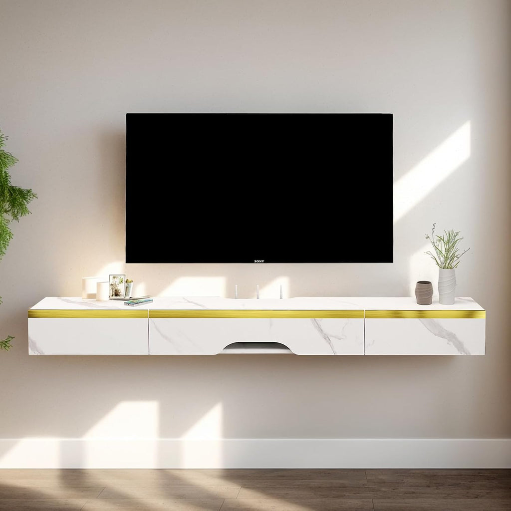 Pmnianhua Floating TV Shelf with Drawers, 59'' Wall Mounted TV Console Entertainment Media Shelf with 2 Drawers and 1 Door for Bedroom Living Room (White)